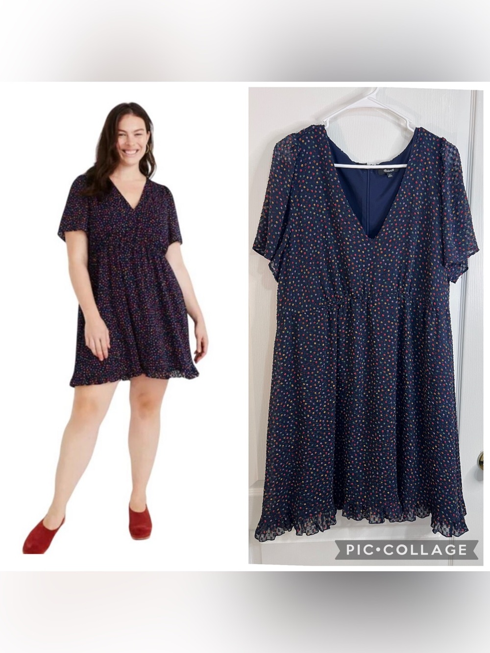 Madewell Navy V‑Neck Mini Dress with Multicolor Dot Print size 14